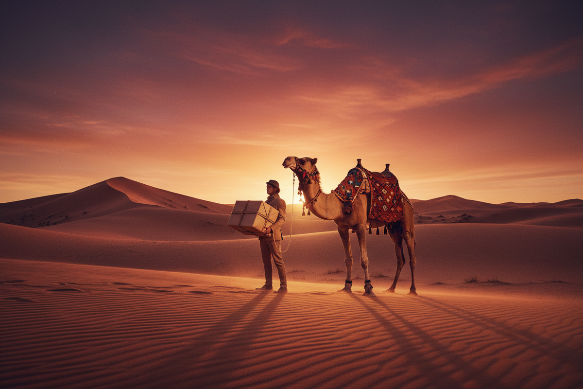 Camel and handler delivering a Cam-Ora parcel across desert dunes at sunset